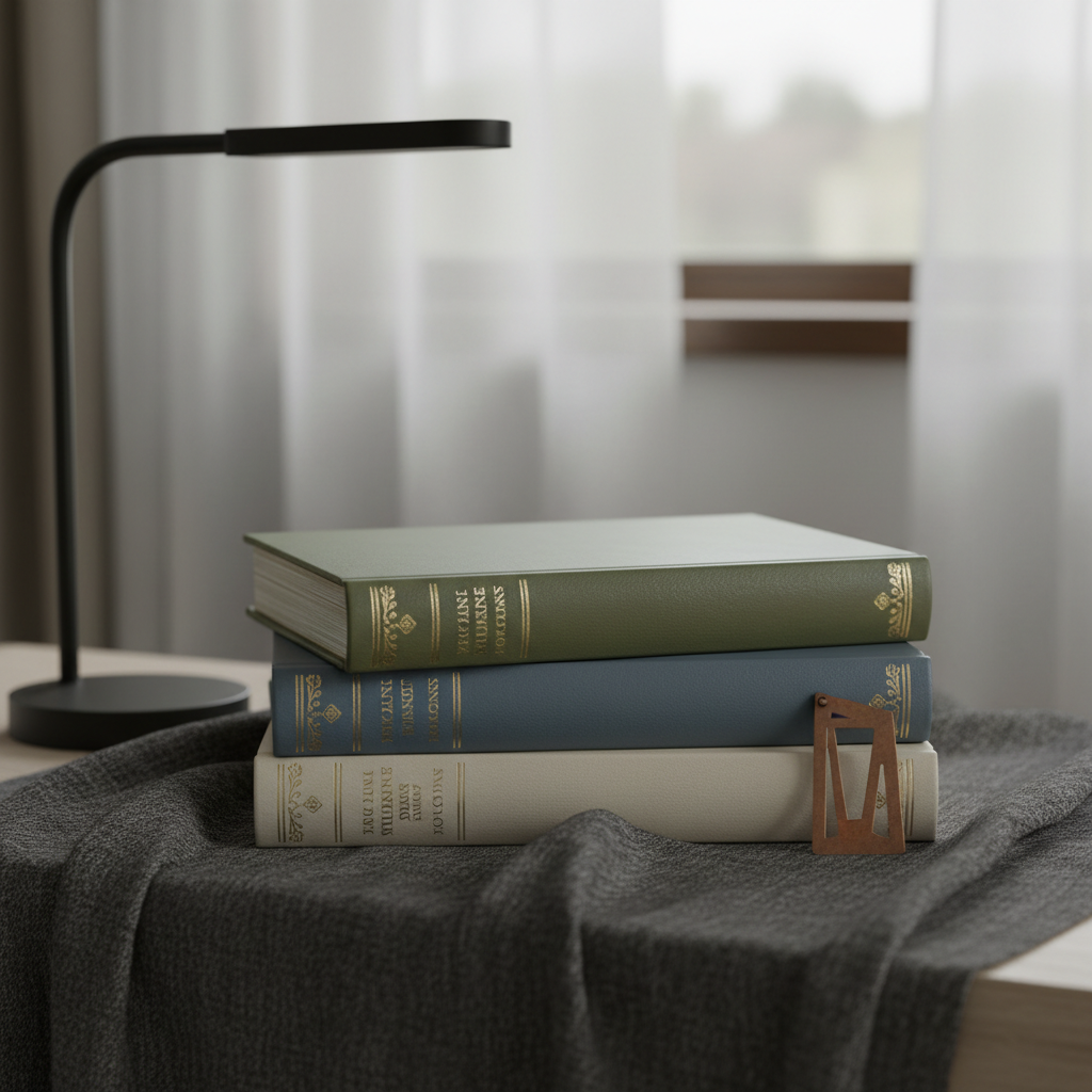 A stack of three elegantly bound books in subdued olive, slate blue, and cream lies neatly atop a textured, charcoal-colored linen throw. Delicate gold-accented page edges glimmer slightly in muted, overcast daylight streaming through sheer curtains, casting gentle, diffused shadows. Nearby, a minimalist, matte-black reading lamp and a small, geometric bronze bookmark accent the arrangement. The camera captures the scene straight on at eye level, employing a shallow depth of field to soften the background and emphasize the textural interplay, creating an inviting yet subtly luxurious mood. The overall photographic style is calm, understated, and sophisticated.